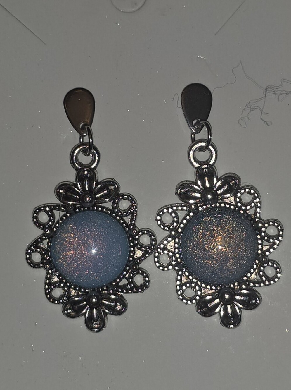 Moonstone Earrings In Silver Tone Frames With Stainless Steel Stud Prongs